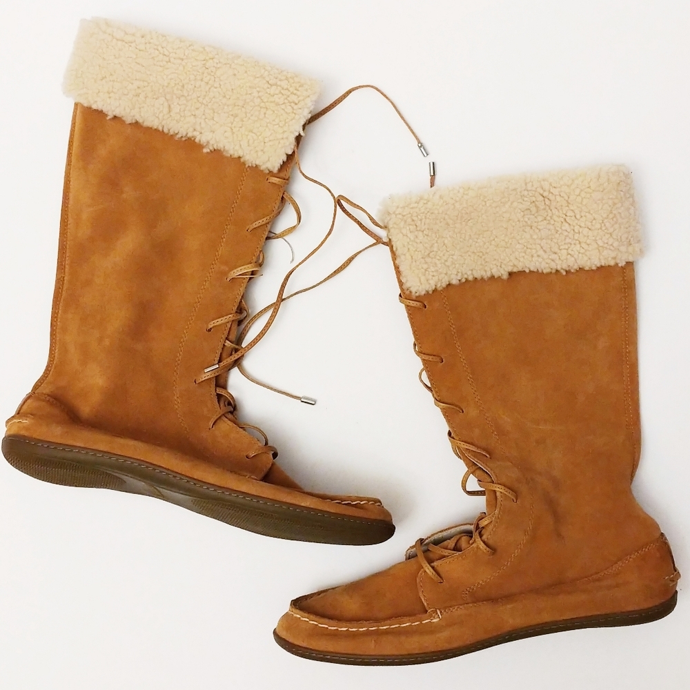 Sperry Tan Suede Shearling Lace Up Moccasin Boots